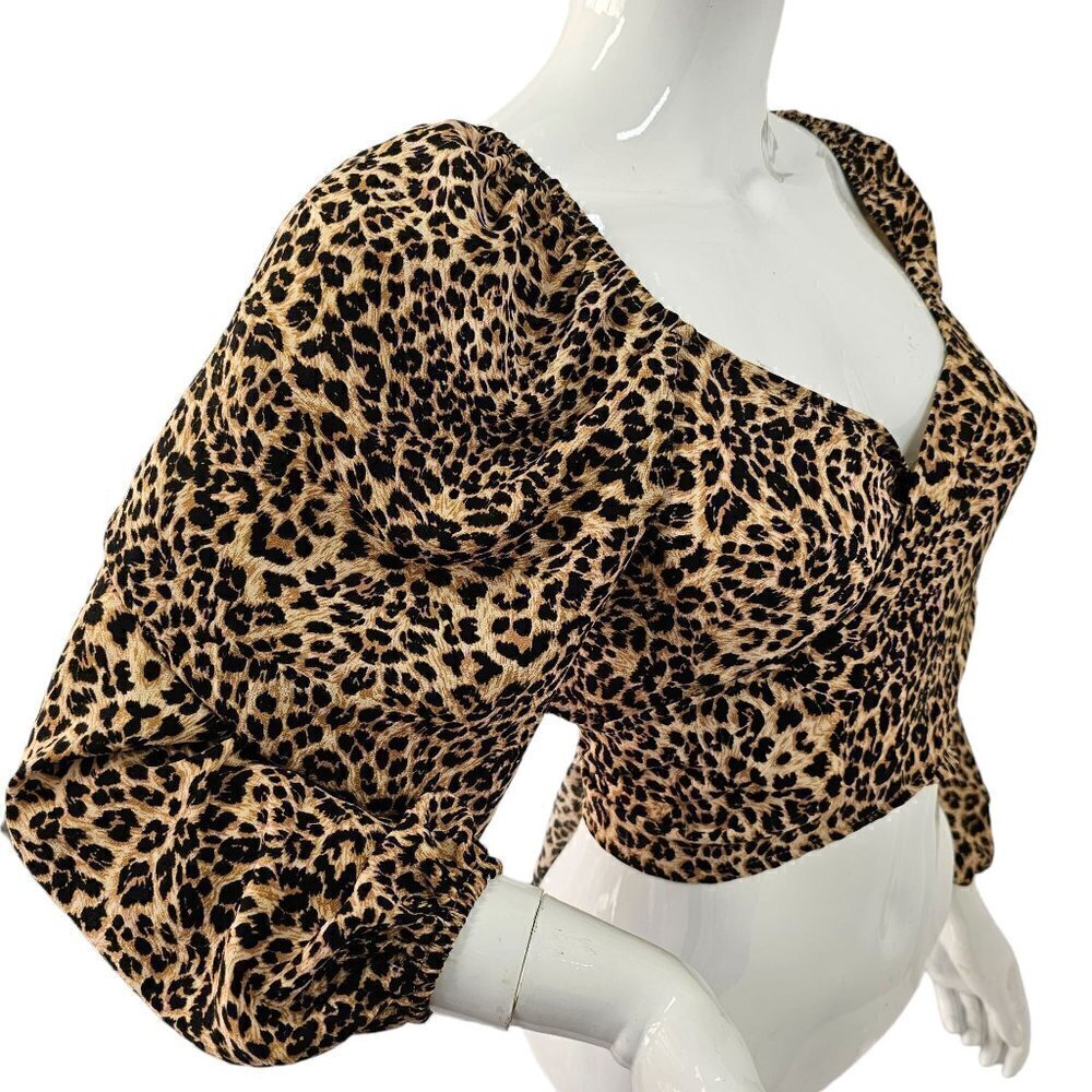 Audrey 3+1 S Animal Print Cropped Top Tie Front or Back Lantern Slv Poly Women S
